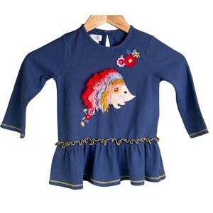 Mudpie Blue Ruffled Long Sleeve Dress Embroidered Hedgehog Flowers Size 3T Girls